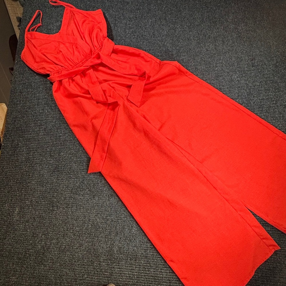 Flying Tomato Red Wide Leg Jumpsuit Sleepless V-Neck Tie Waist IP6442S-TJ Small